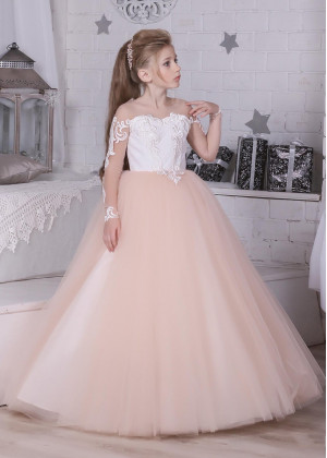 Ivory Lace Champagne Tulle Wedding Flower Girl Dress